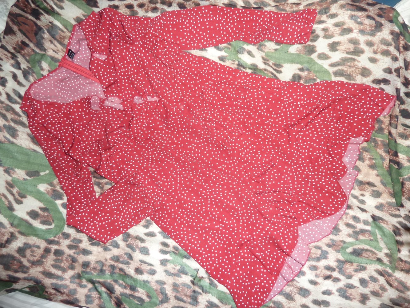 Kleid Sommerkleid rot Wickeloptik XL 42 44 langarm Kofferkleid Coctailklkleid Polka Dots Punkte gepunktet