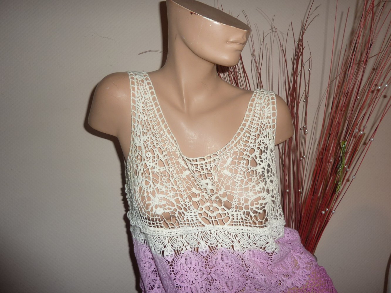 Damen Top Sommertop M 40 42 Designers rosa pink creme Baumwolle Tanktop Häckeltop Tunika