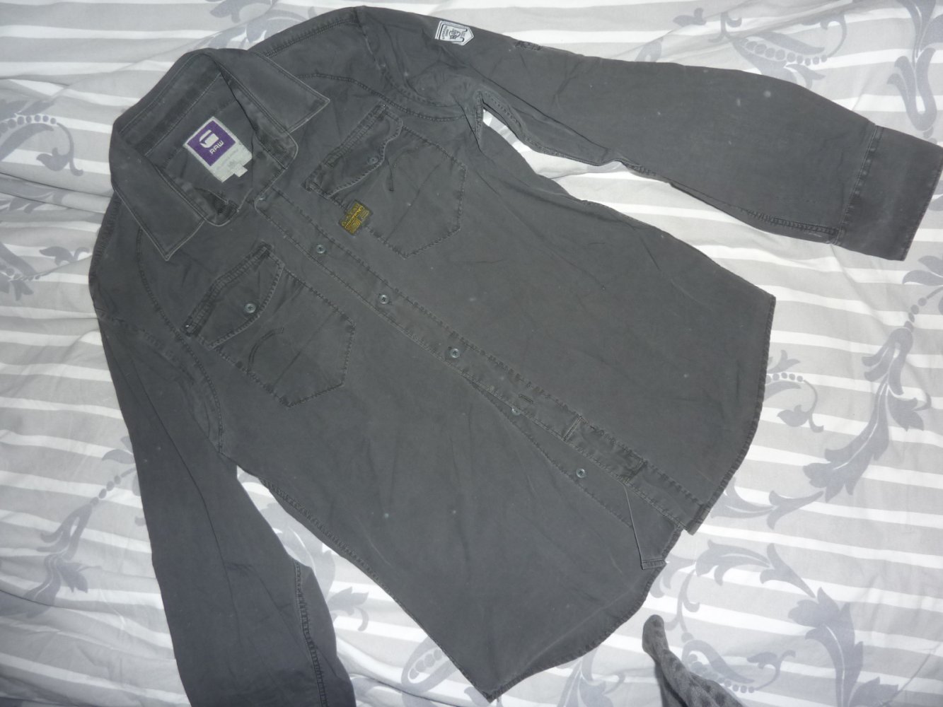 Herren Hemd G. Star RAW grau L schmal wie M 48 50 Brust 54 cm Baumwolle Langarm