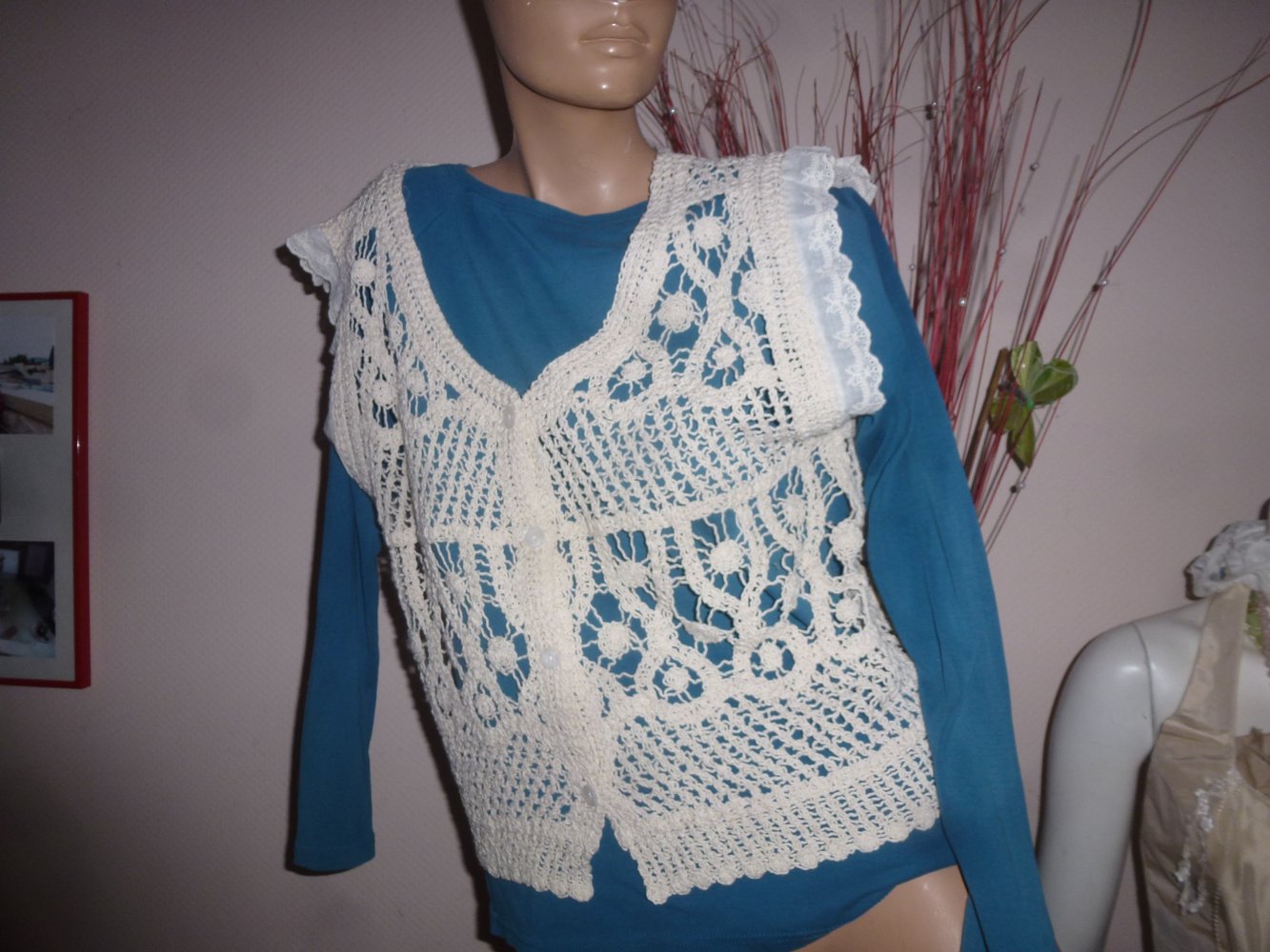 Weste XL beige NEU gehäkelt Oberteil Pullunder Strickweste Strickjacke Cardigan ärmellos