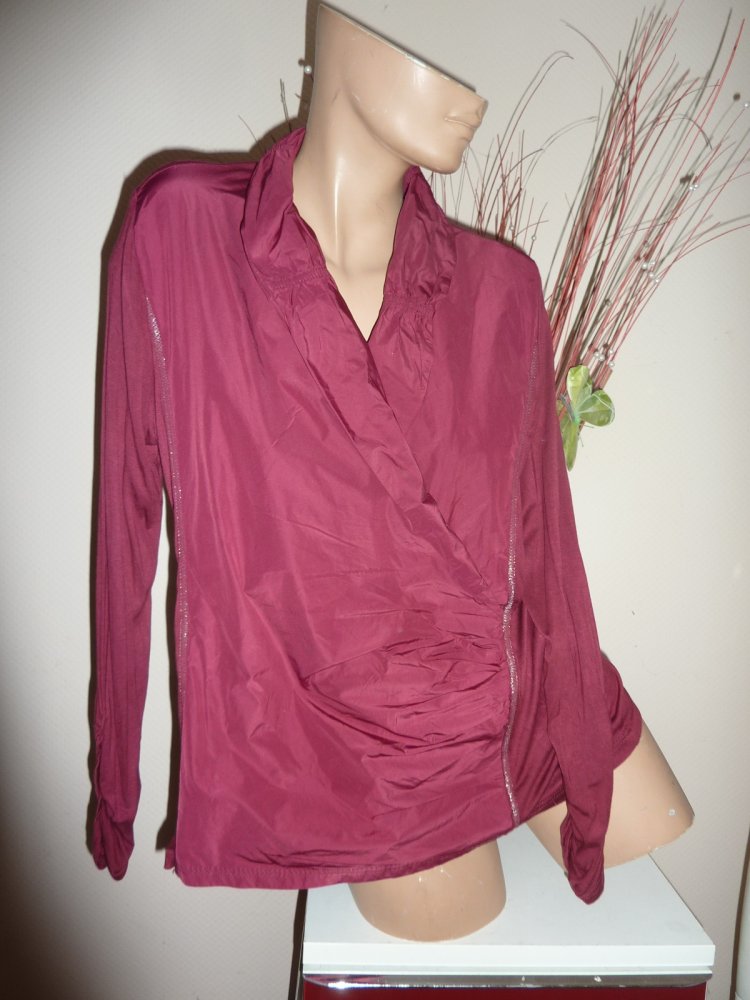 Damen Shirt 48 XXL weinrot Viskose Raffung Schalkragen langarm 