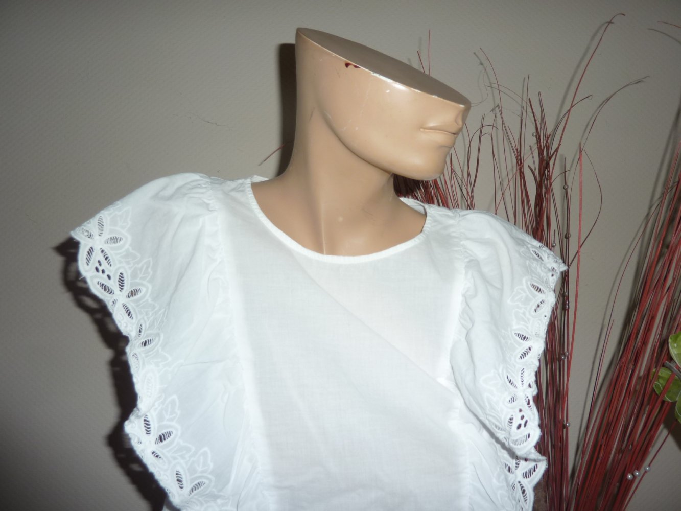 Bluse Sommertop Tunika Top 38 40 S M weiß Baumwolle ärmellos Brust 46 cm