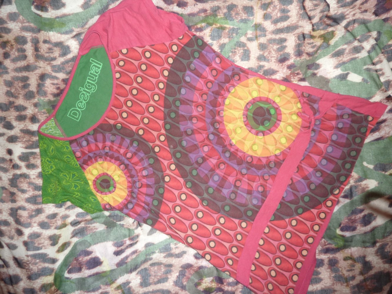 Damen T Shirt Longshirt Desigual L XL 42 Baumwolle pink grün