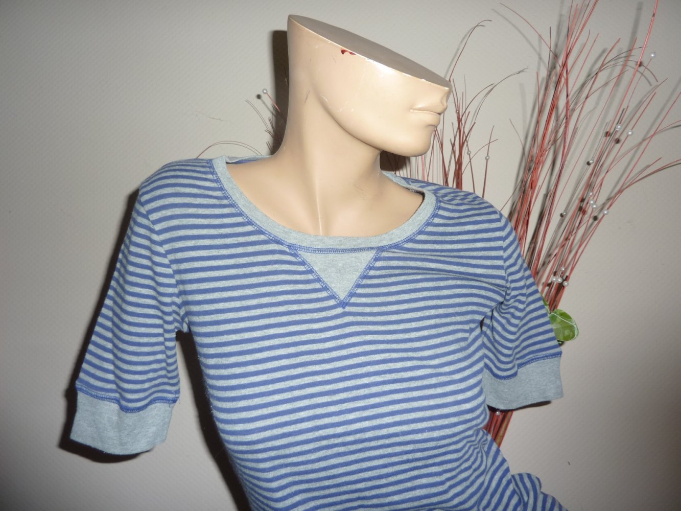 Damen T - Shirt Esprit L wie M 38 40 Streifen kurzarm 80 Baumwolle blau grau