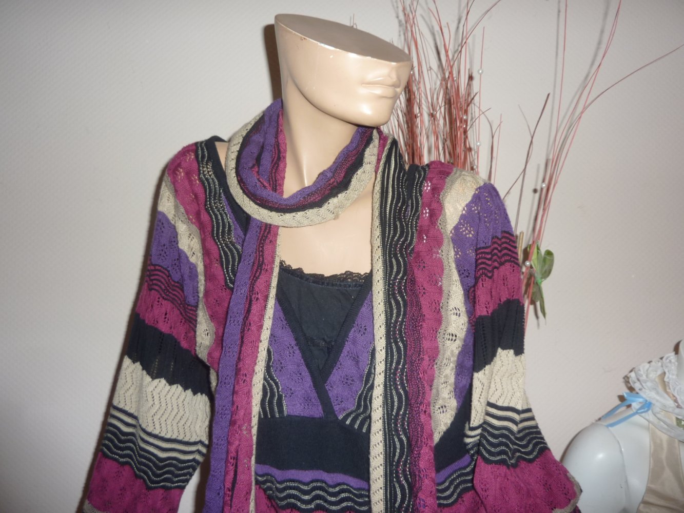 Strick Kleid Strickkleid 42 44 Feinstrick Ajourstrick mit Schal