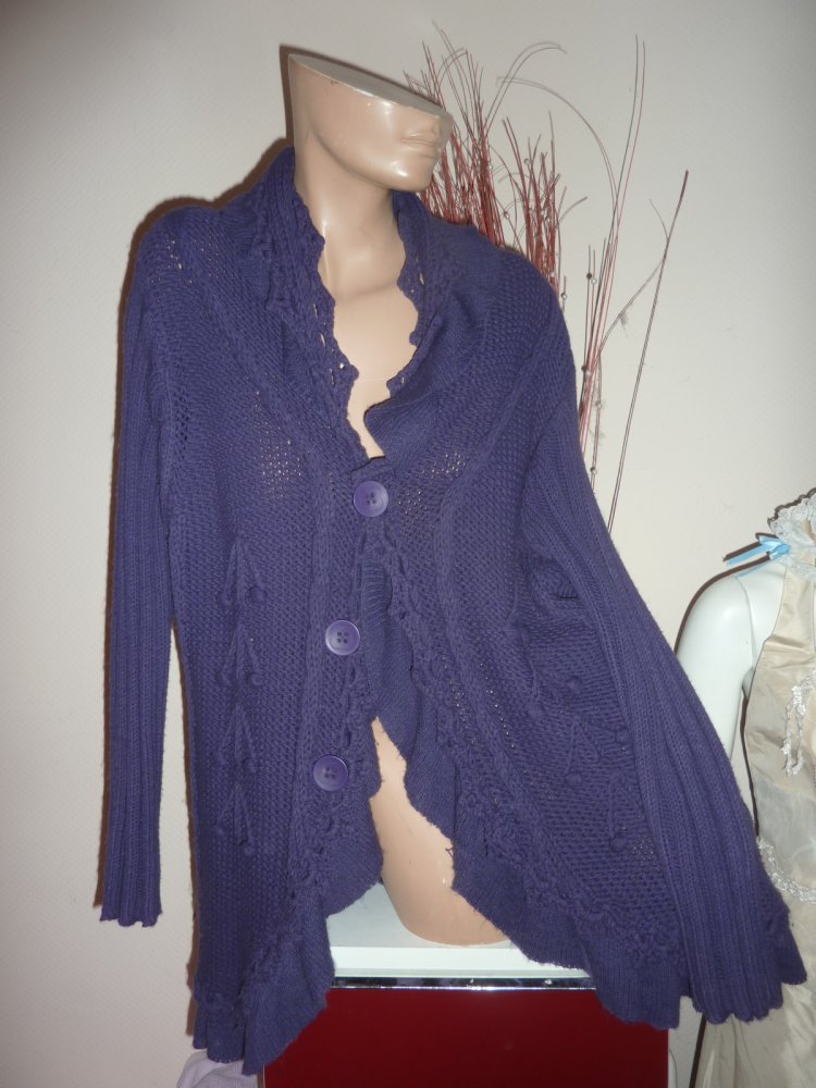 Damen Strickjacke lang Cardigan Strickmantel 44 46 XL lila MIT Baumwolle