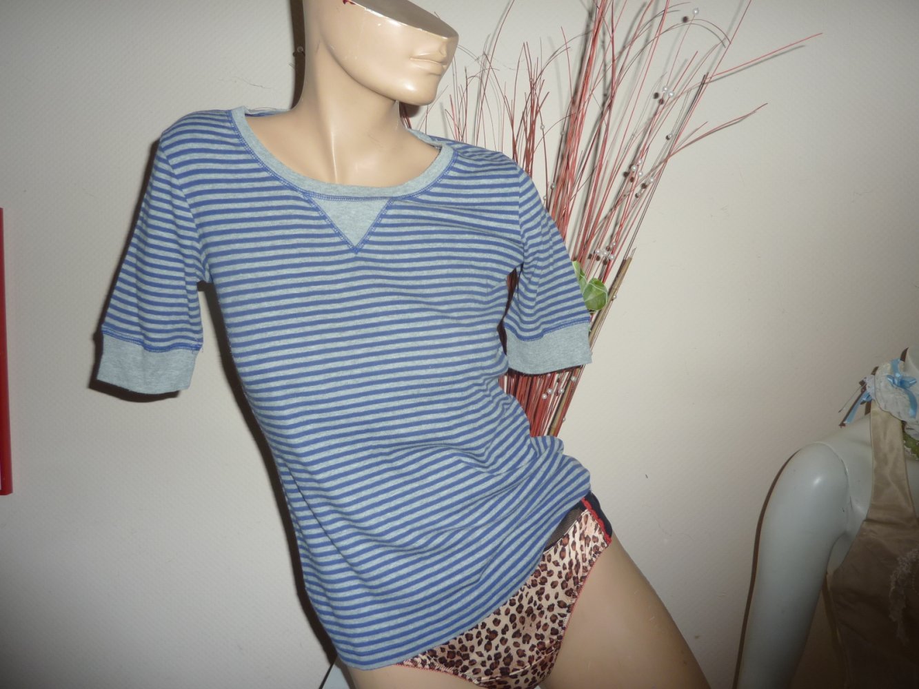 Damen T - Shirt Esprit L wie M 38 40 Streifen kurzarm 80 Baumwolle blau grau