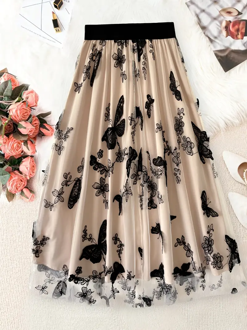 Rock NEU M 40 42 Tüllrock 72 cm Sommerrock nude apricot schwarz A-Linie Midi