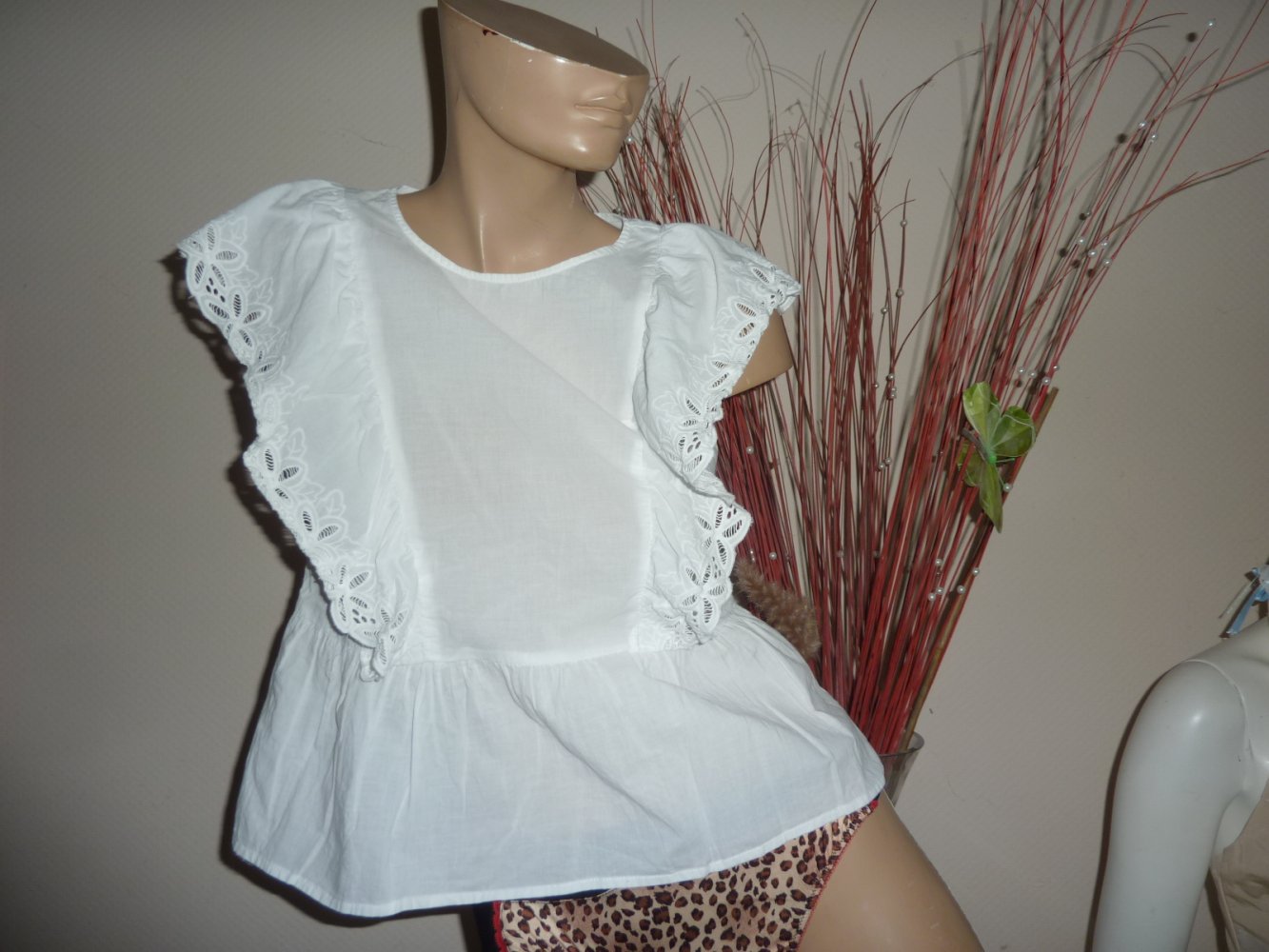 Bluse Sommertop Tunika Top 38 40 S M weiß Baumwolle ärmellos Brust 46 cm