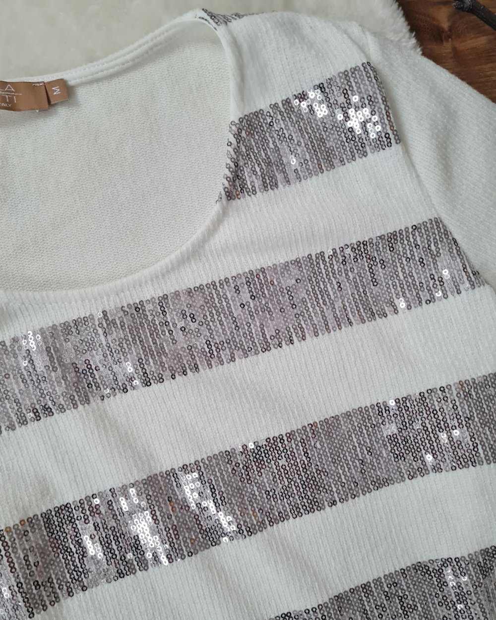 Weißer Pullover Gestreift Silberne Pailletten NEU Gr. 38