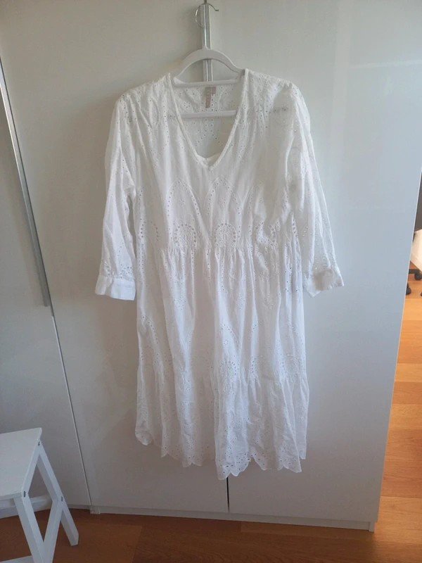 Pieces Midi Kleid Gr 38/M Damen, Spitze, Vintage, weiß 3/4 Ärmel