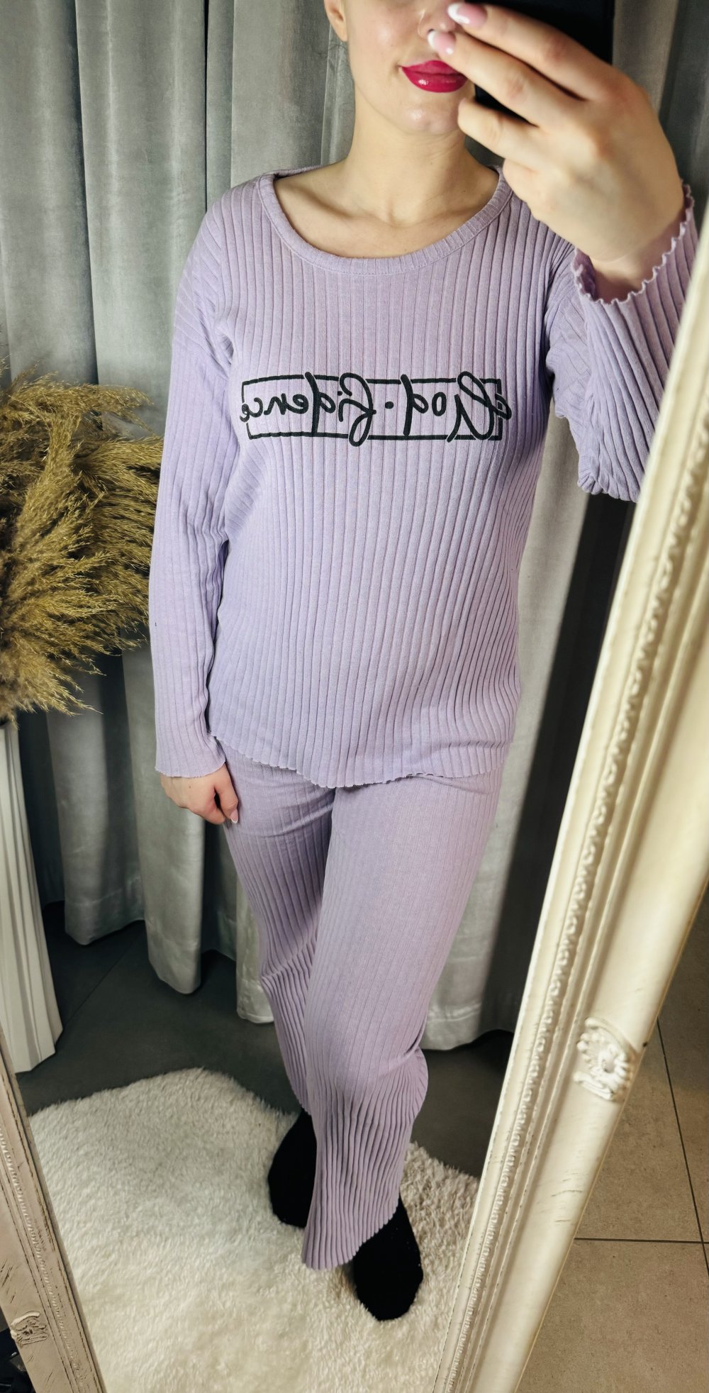 Schöner Hausanzug Homewear Anzug Set Zweiteiler Bequem Flieder Damen Aufdruck XS