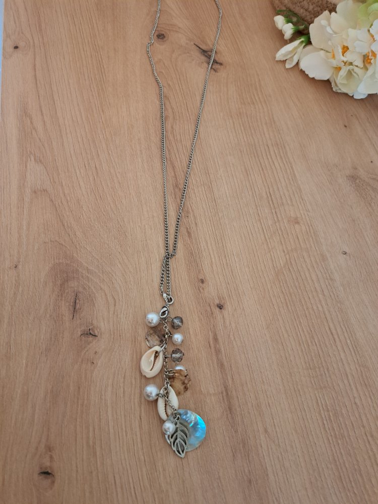 Anhänger Kette - Perlen Muscheln Silber