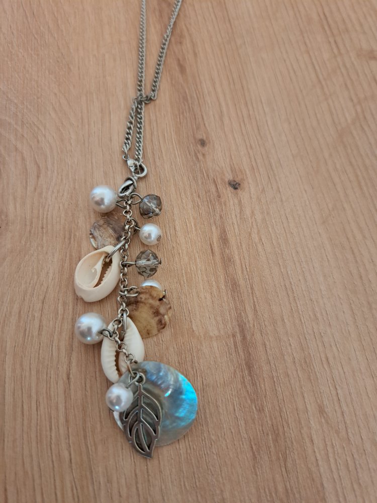 Anhänger Kette - Perlen Muscheln Silber