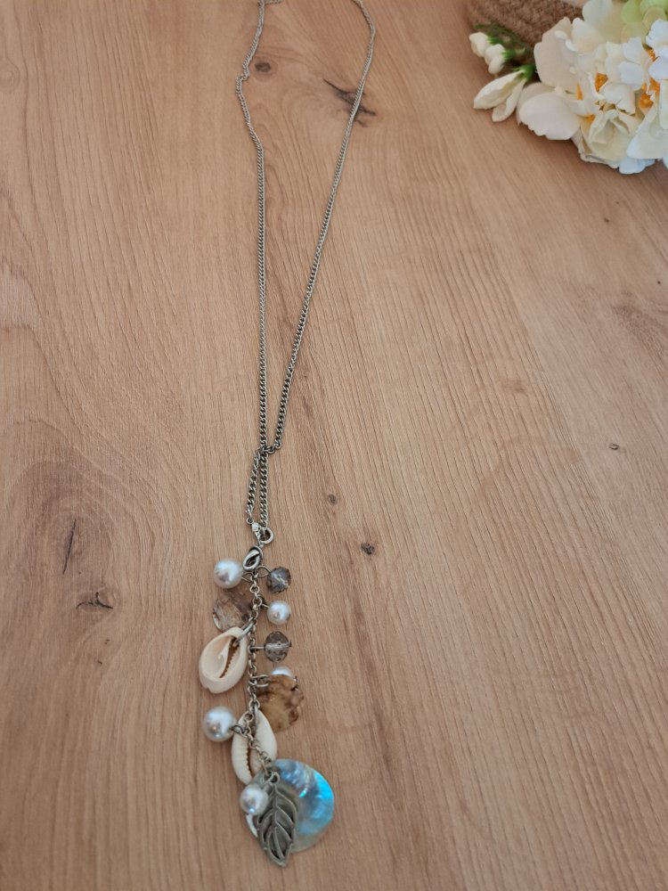 Anhänger Kette - Perlen Muscheln Silber