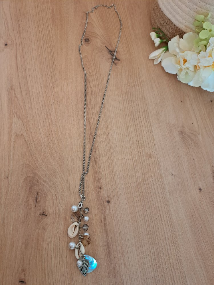 Anhänger Kette - Perlen Muscheln Silber