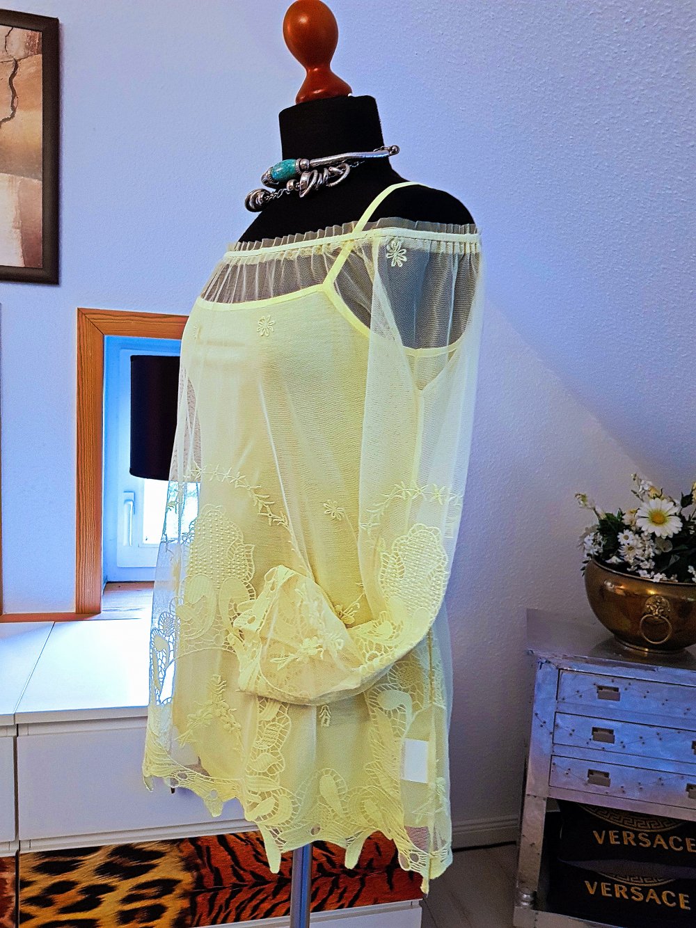 ASHLEY BROOKE Damen Tunika+Top gelb Spitze Twinset 2 Teiler Gr.S-M