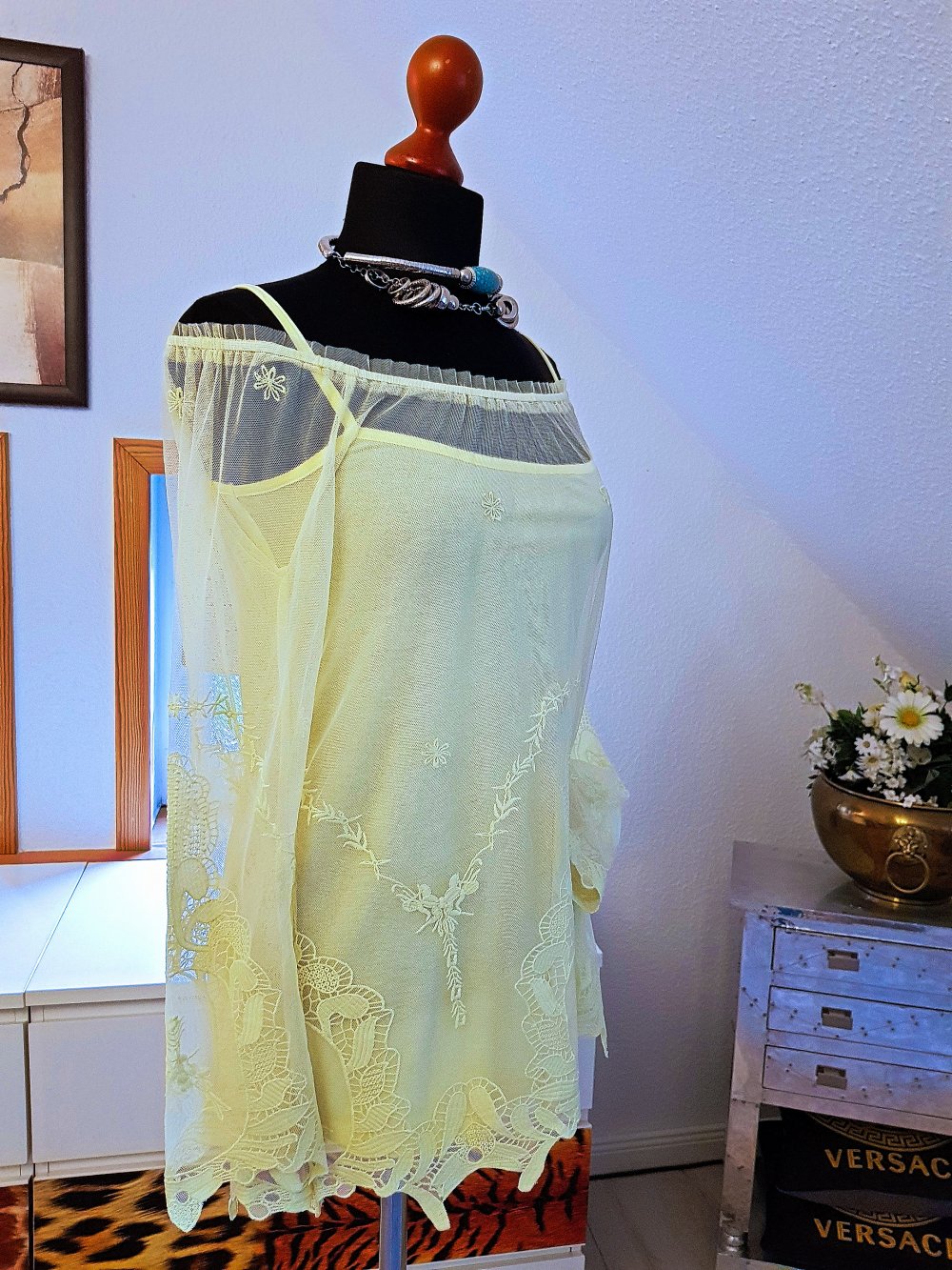 ASHLEY BROOKE Damen Tunika+Top gelb Spitze Twinset 2 Teiler Gr.S-M