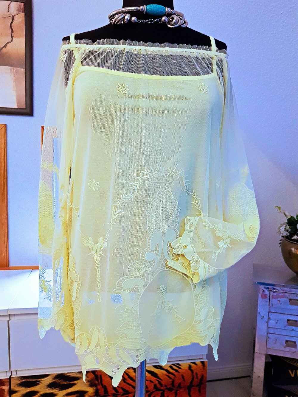 ASHLEY BROOKE Damen Tunika+Top gelb Spitze Twinset 2 Teiler Gr.S-M
