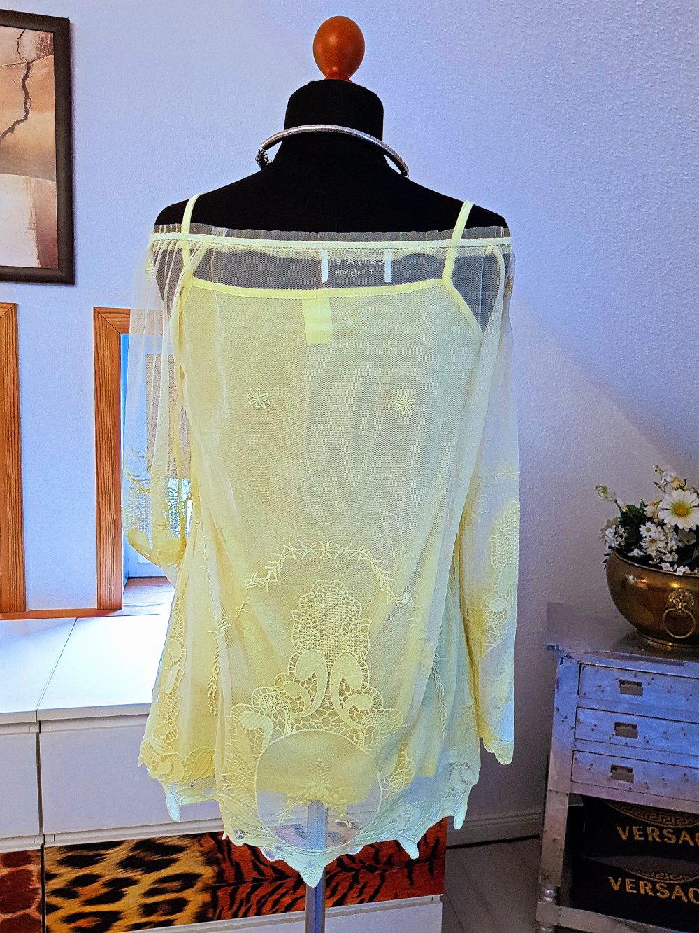 ASHLEY BROOKE Damen Tunika+Top gelb Spitze Twinset 2 Teiler Gr.S-M