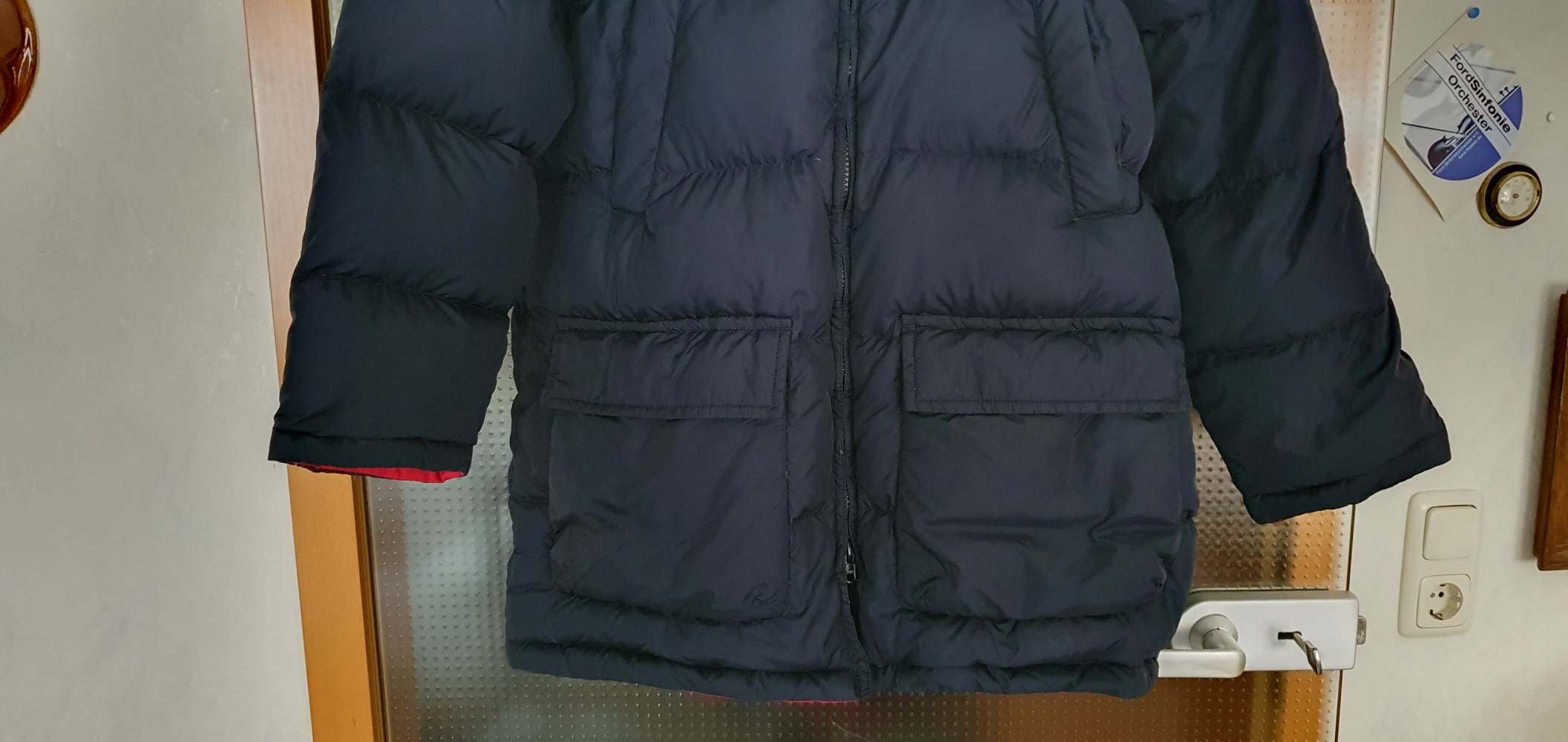 Daunenwendejacke in dunkelblau/rot mit Kapuze, Marke: Lands' End