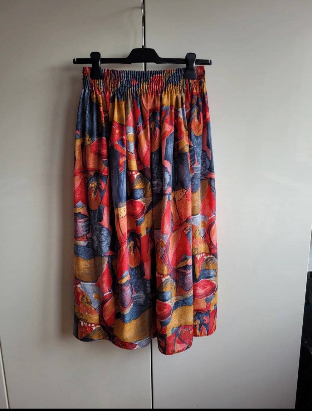 High Waist Midirock Glockenrock Maxirock original Vintage truevintage bunt gemustert crazypattern Einheitsgröße Senf senfgelb rot