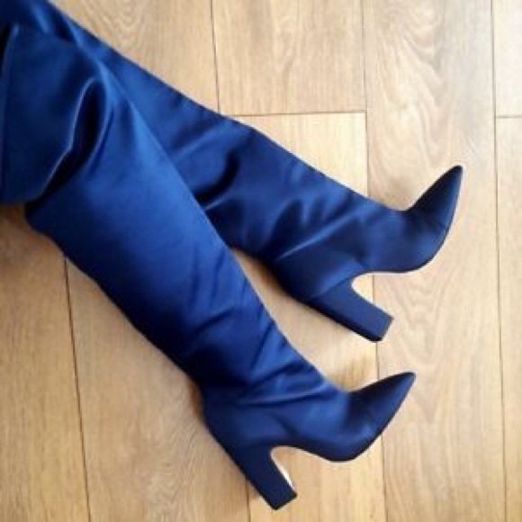 Zara Woman Blogger Satin Overknees High Heel Stiefel OTK blau 39