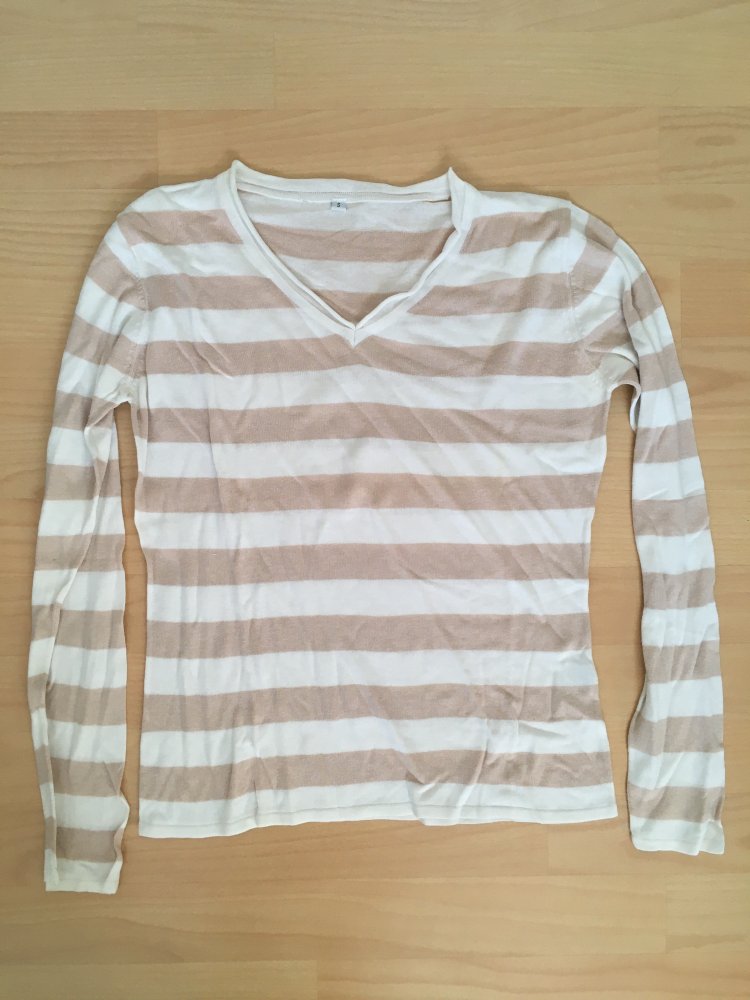 Leichter Pullover / Strickpullover, gestreift, strick, weiß creme beige - Gr. S / 36