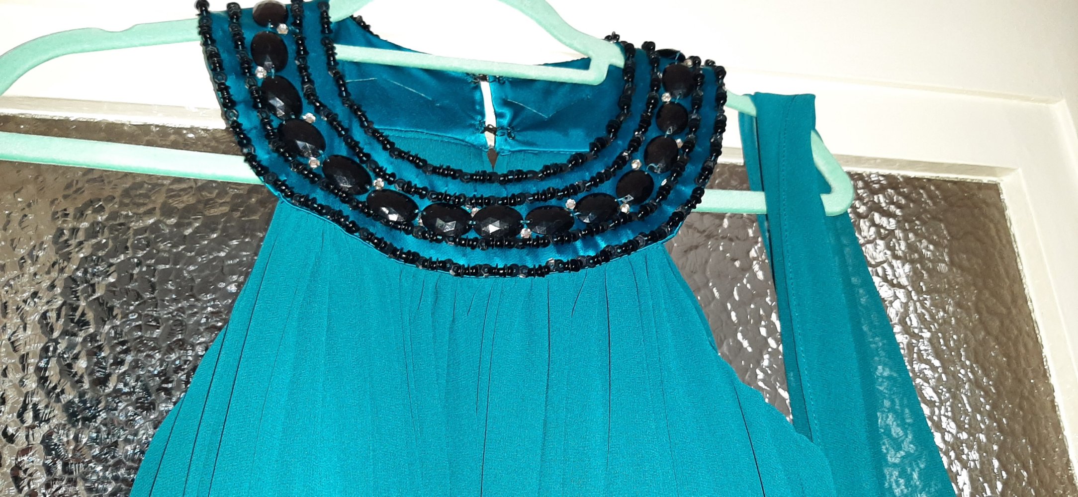 Pallo 38 M Kleid Cocktailkleid chic petrol grünblau flaschengrün Partykleid schwarze Pailletten Schleife 