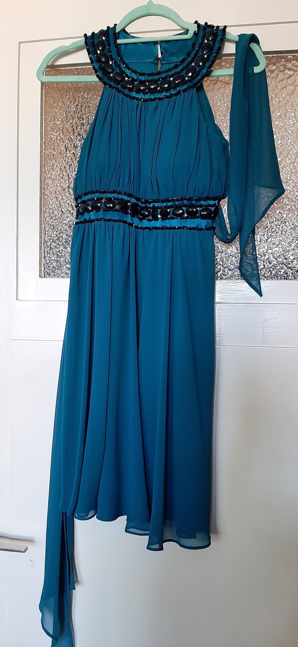 Pallo 38 M Kleid Cocktailkleid chic petrol grünblau flaschengrün Partykleid schwarze Pailletten Schleife 