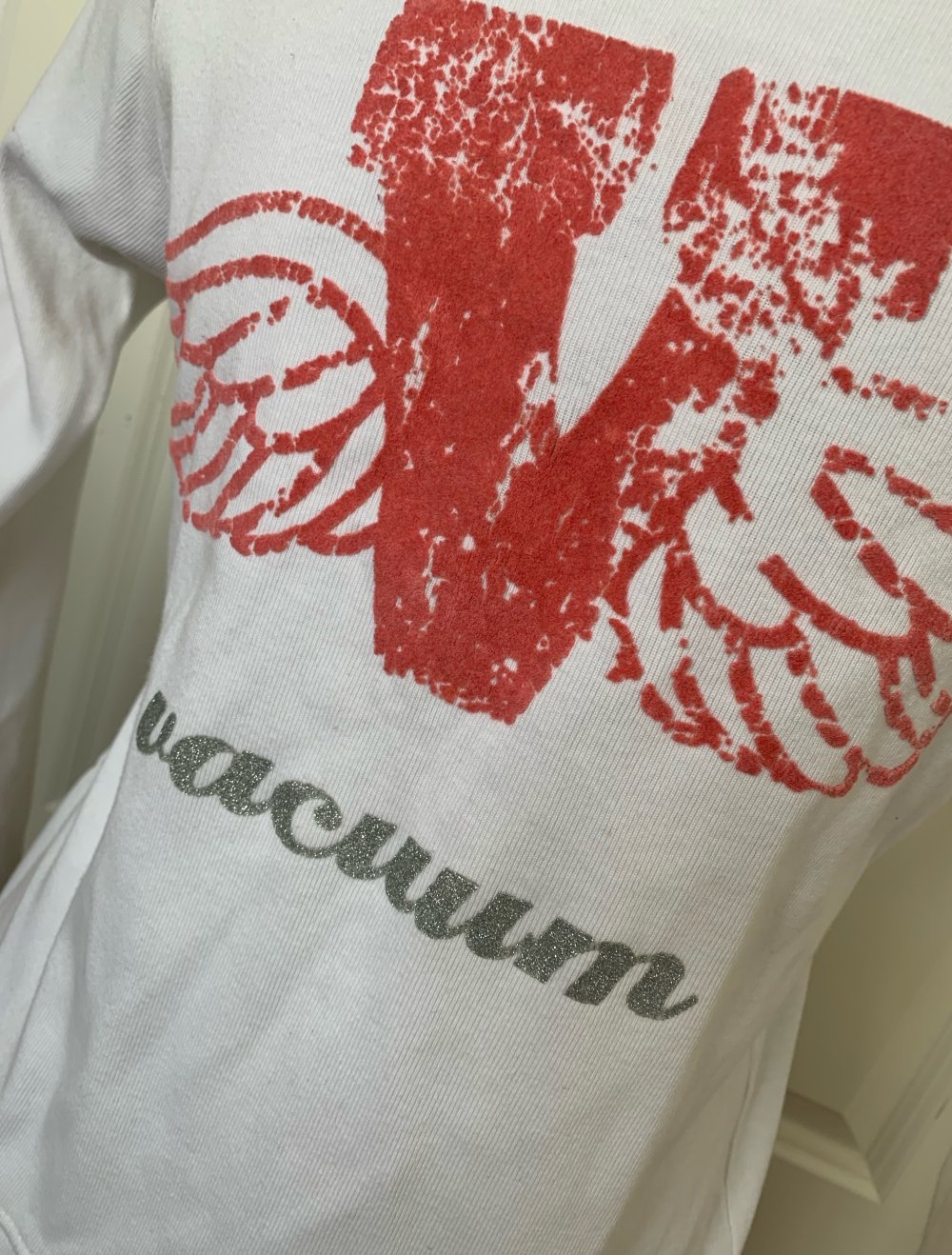 Neuwertig Sweatshirt Sweat Pullover 36/S Vacuum Motiv Samt Glitzerschrift Silber