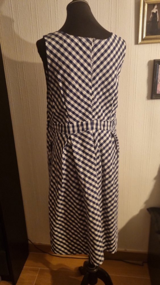 Kleid 48 John Baner kariert marine weiß Wickeloptik knielang