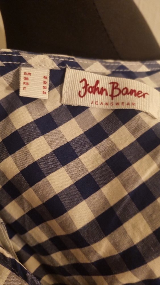 Kleid 48 John Baner kariert marine weiß Wickeloptik knielang