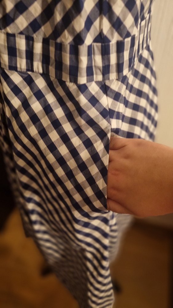 Kleid 48 John Baner kariert marine weiß Wickeloptik knielang