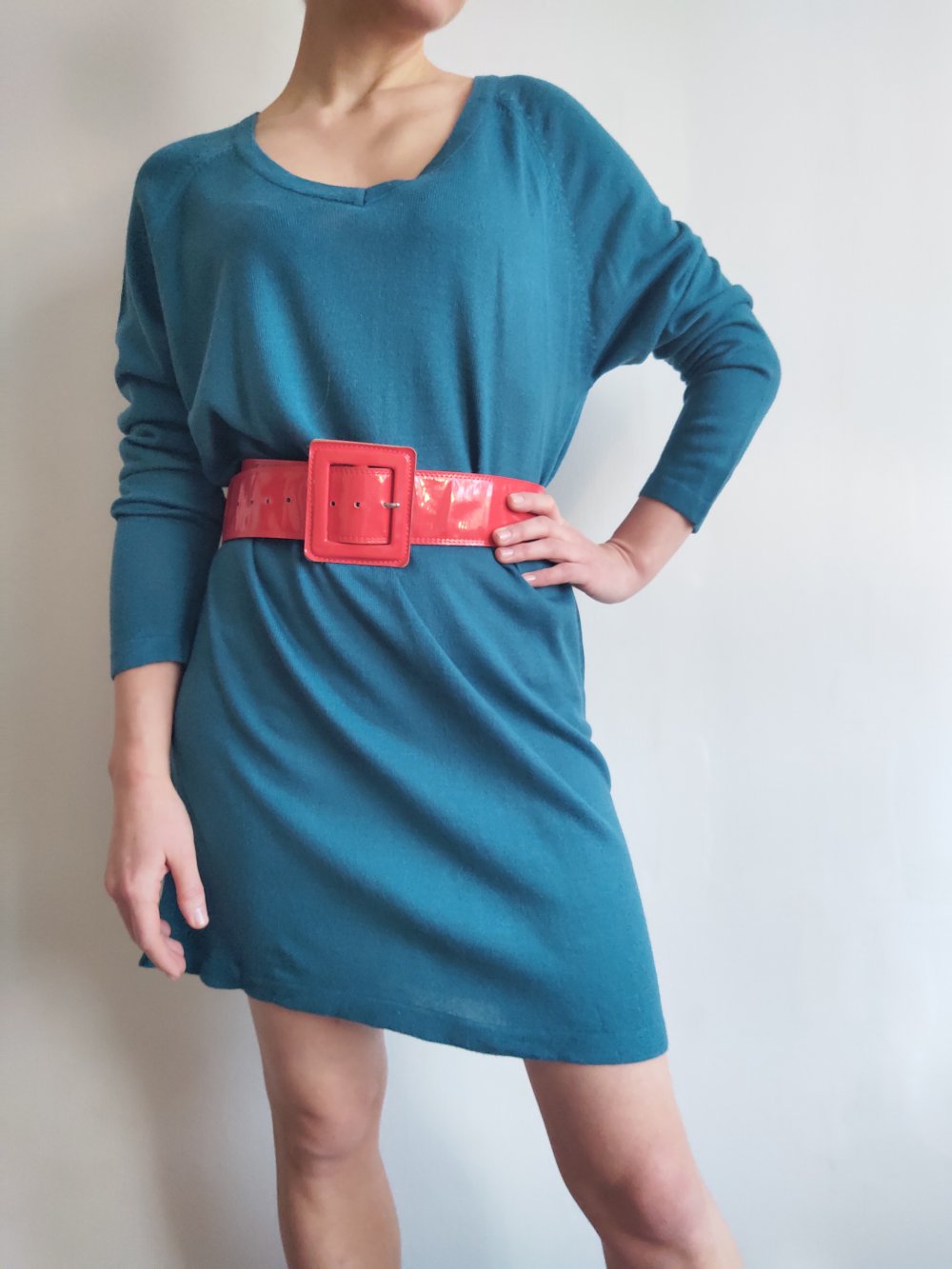 Türkises Strickkleid / Longpullover - Größe S/M