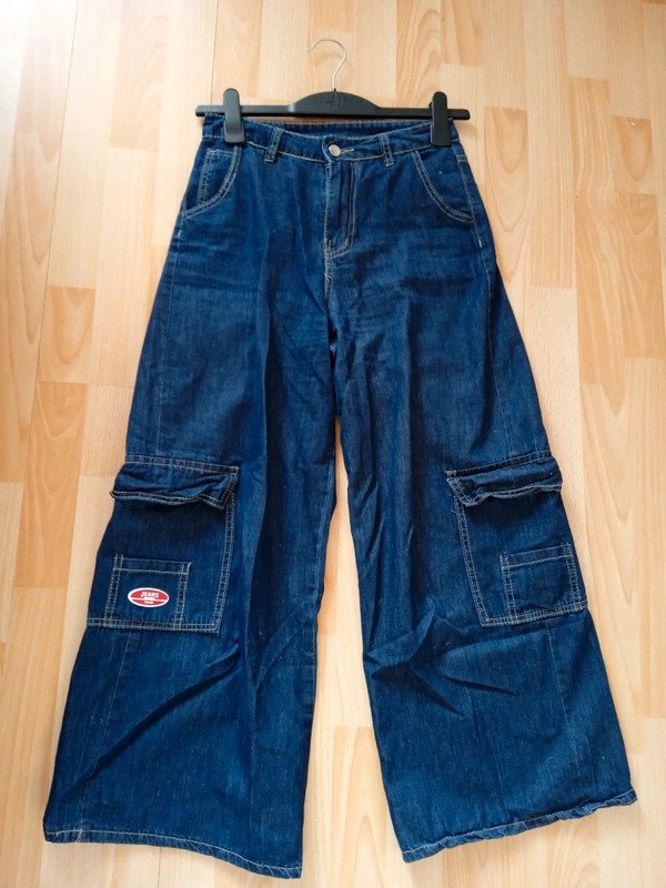 Jeans-Culotte / Baggy-Cargo-Hose mit weitem Bein, blau, Gr. 34/36