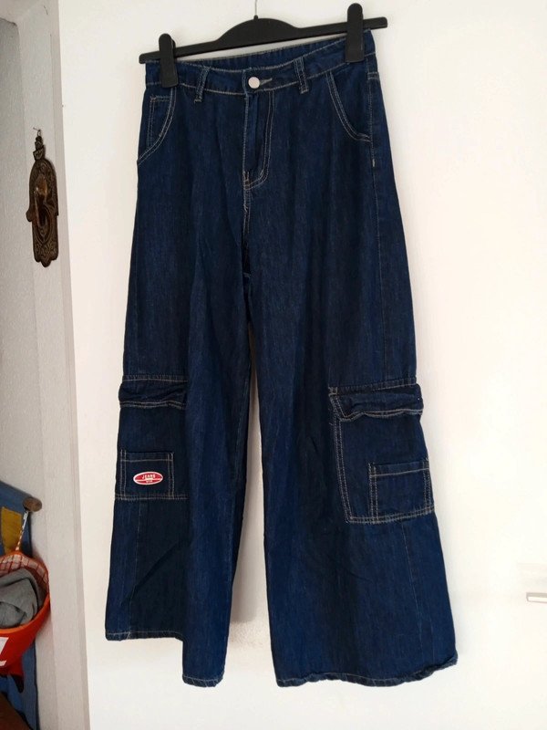 Jeans-Culotte / Baggy-Cargo-Hose mit weitem Bein, blau, Gr. 34/36