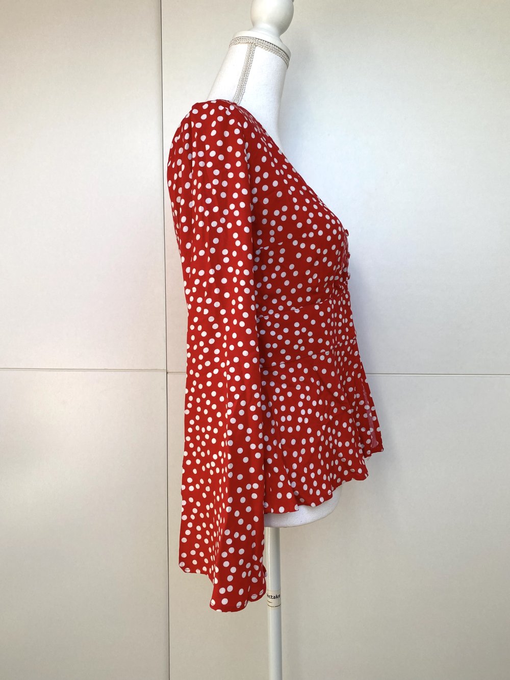 Bluse Boho Hippie Vintage Rot Weiß Punkte Polka Dots Trompetenärmel Sommer Miss Selfridge
