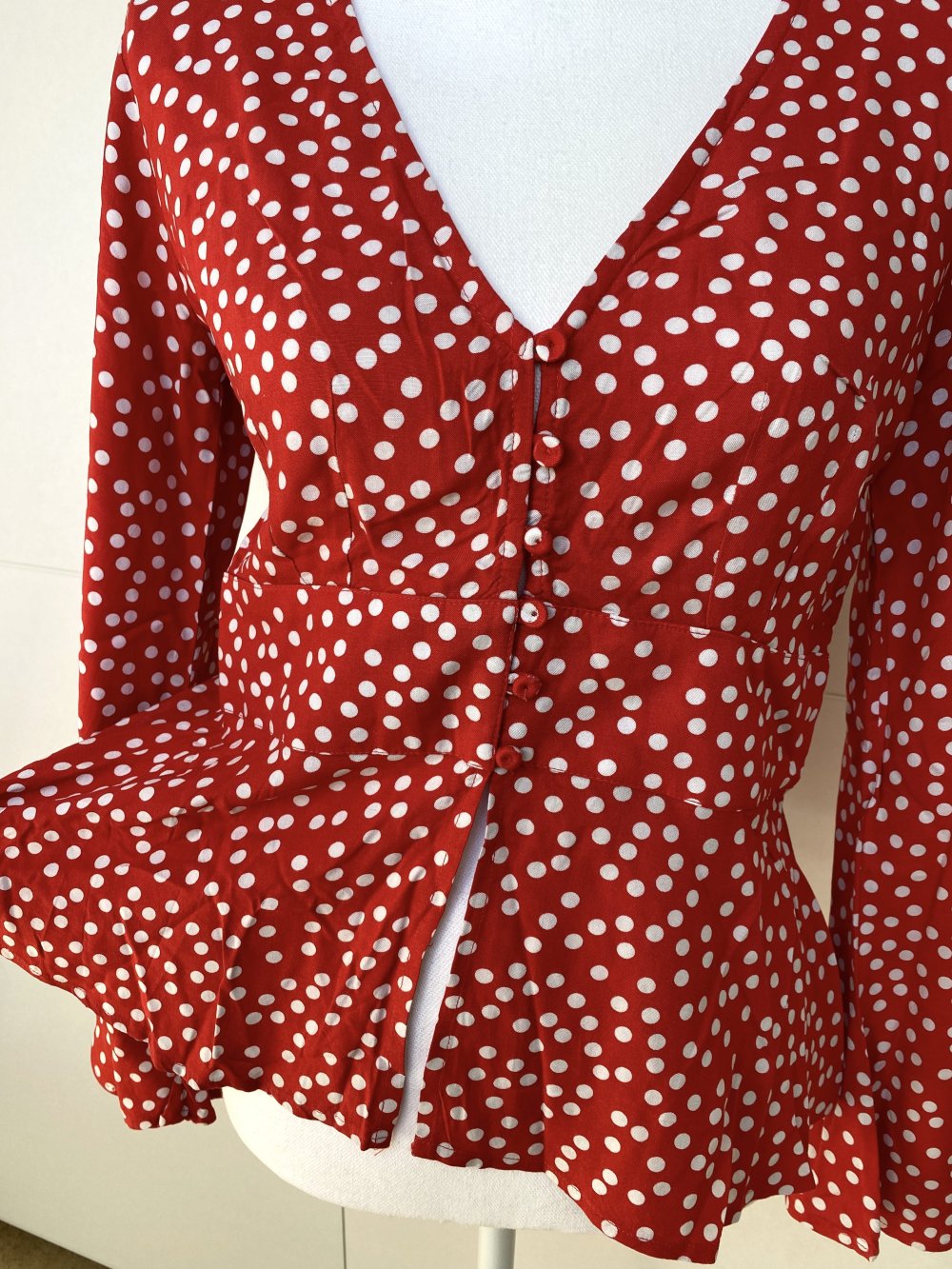Bluse Boho Hippie Vintage Rot Weiß Punkte Polka Dots Trompetenärmel Sommer Miss Selfridge