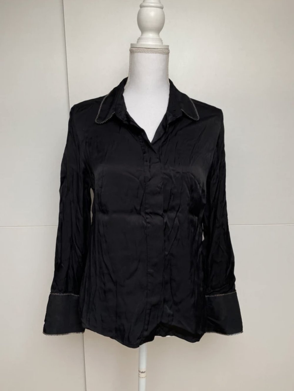 Bluse Top Hemd Satin Schwarz Party Schimmernd Strass Cowboy Carter Mango Suit