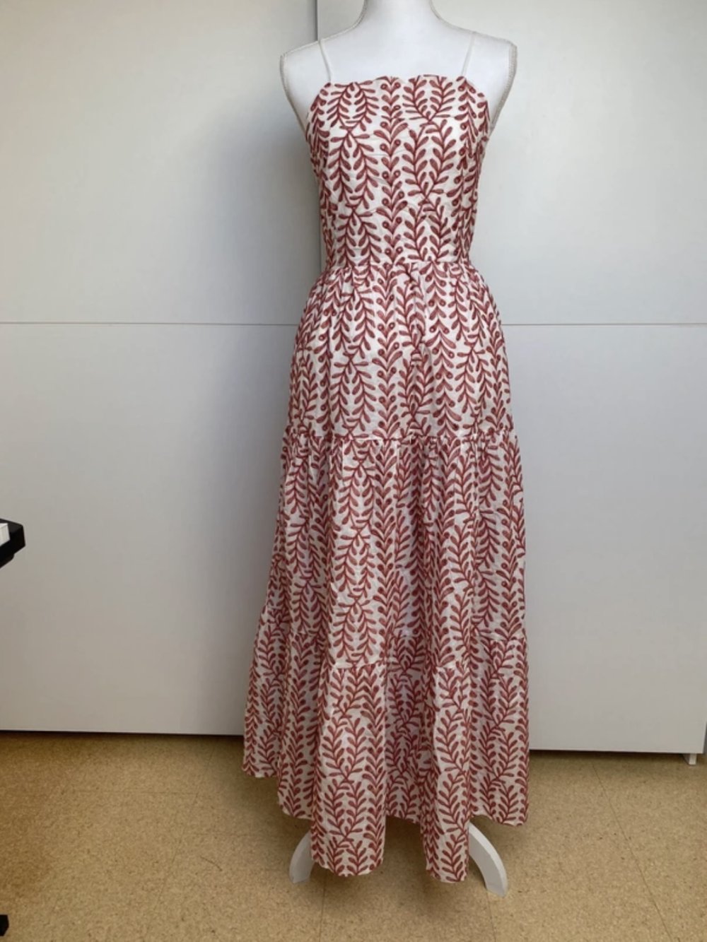 Kleid Maxikleid Strand Urlaub Weiß Rot Strick Muster Blätter Rückenfrei Baumwolle Schnüren Mango