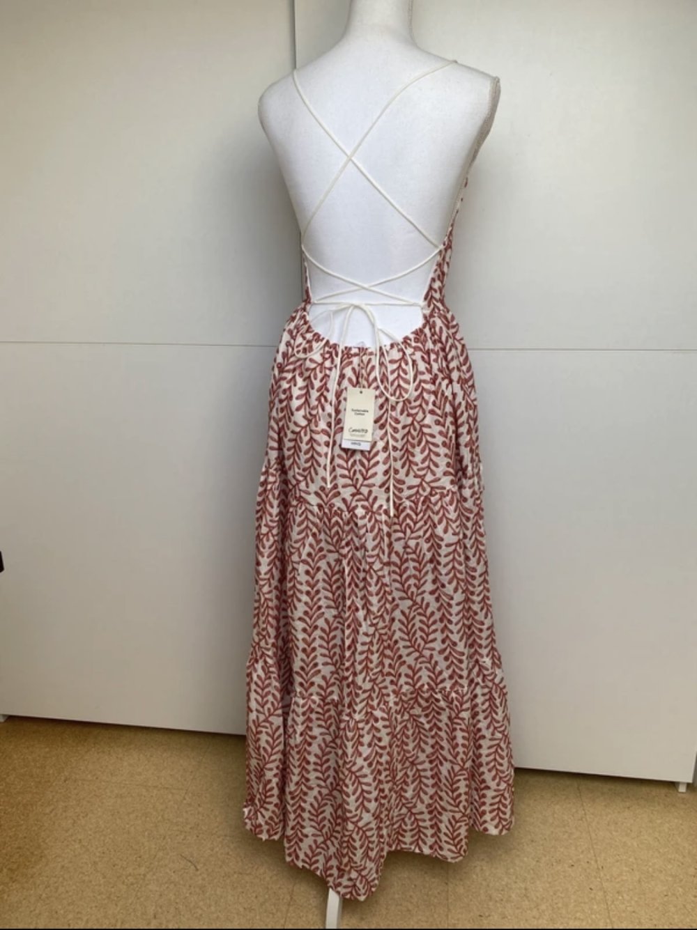 Kleid Maxikleid Strand Urlaub Weiß Rot Strick Muster Blätter Rückenfrei Baumwolle Schnüren Mango