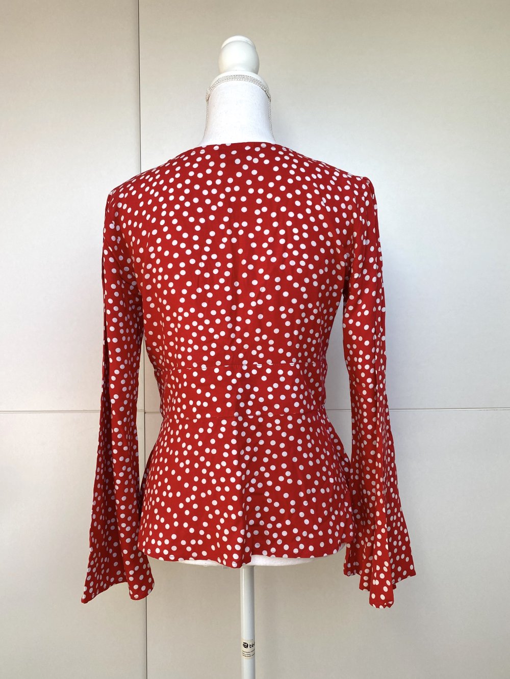 Bluse Boho Hippie Vintage Rot Weiß Punkte Polka Dots Trompetenärmel Sommer Miss Selfridge
