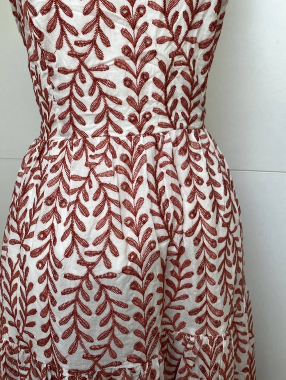 Kleid Maxikleid Strand Urlaub Weiß Rot Strick Muster Blätter Rückenfrei Baumwolle Schnüren Mango