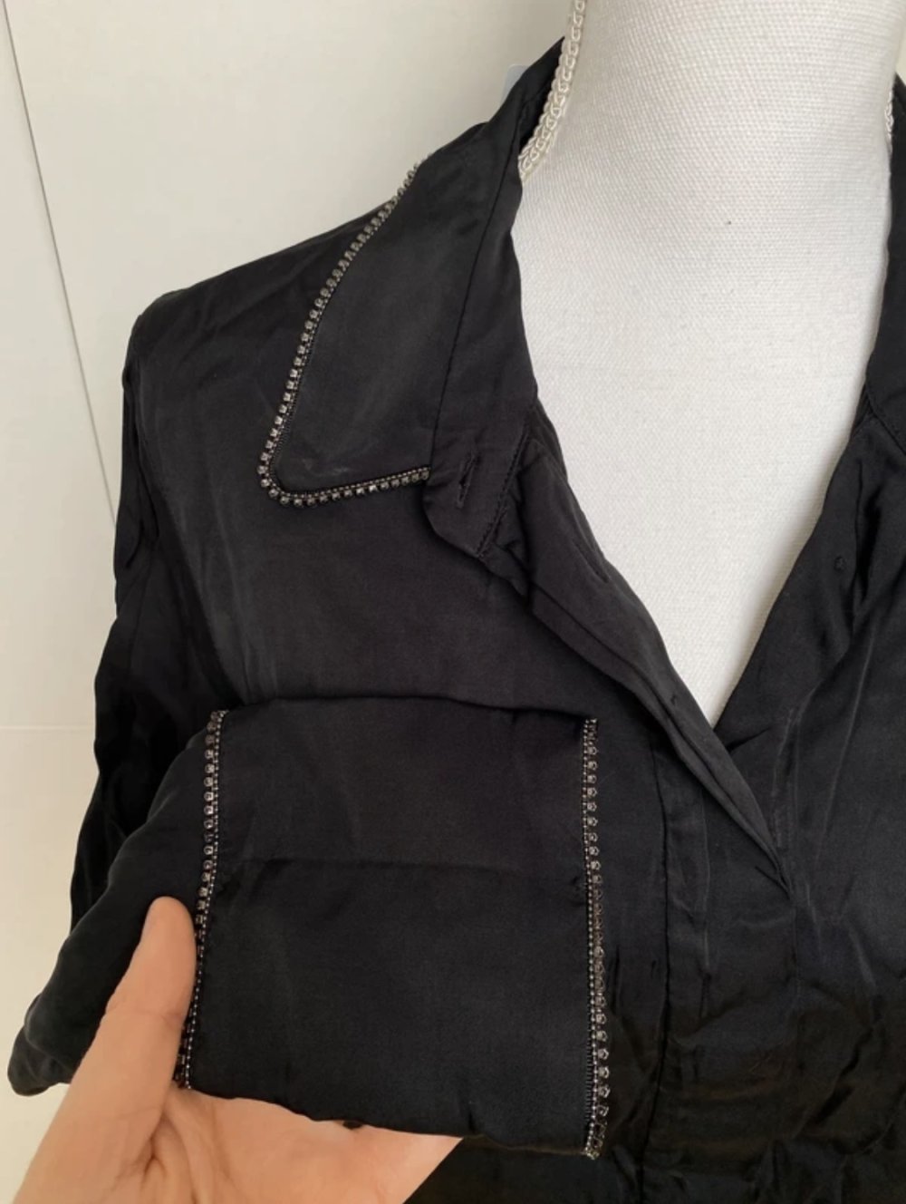 Bluse Top Hemd Satin Schwarz Party Schimmernd Strass Cowboy Carter Mango Suit
