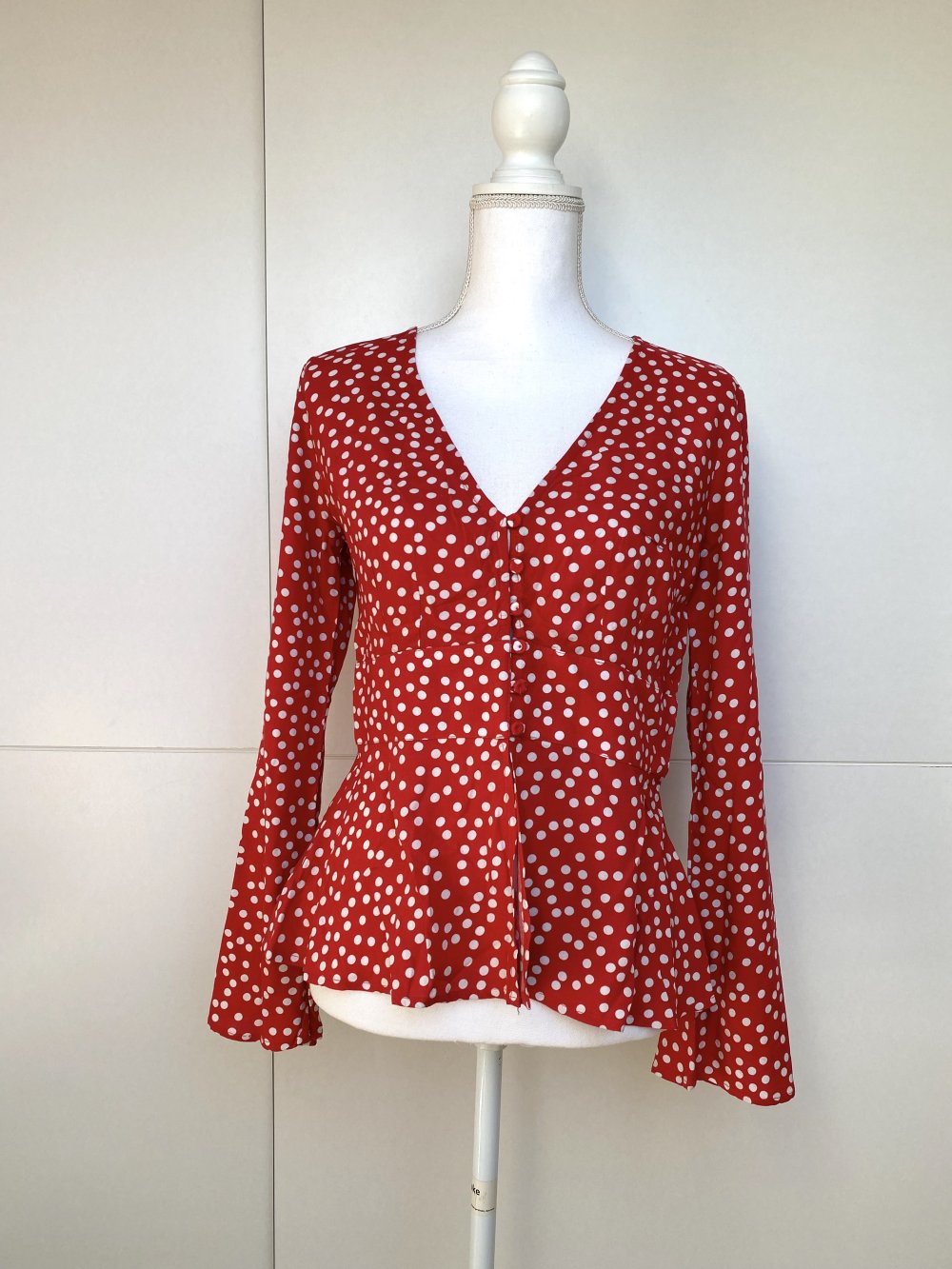 Bluse Boho Hippie Vintage Rot Weiß Punkte Polka Dots Trompetenärmel Sommer Miss Selfridge