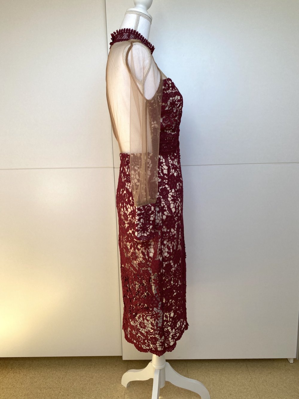 Midikleid Cocktailkleid Kleid Gehäkelt Mesh Hochzeit Sommer Spitze Weinrot Rot Bodycon Love Triangle