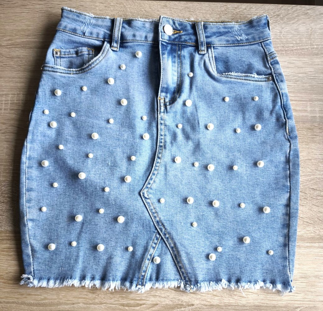 Damen Jeans Rock Amisu, hellblau mit Perlen, Gr. 36
