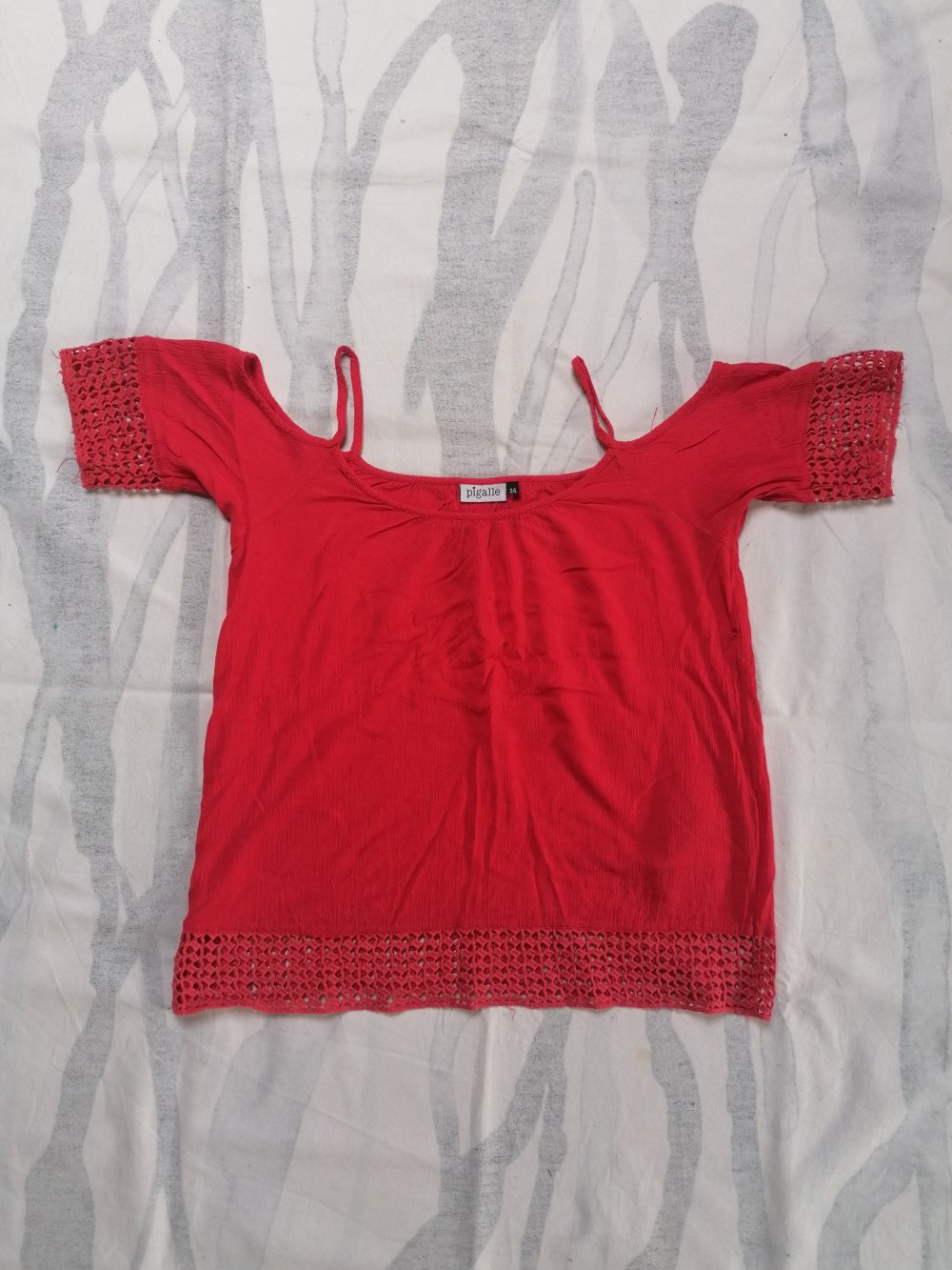 Off-Shoulder Cold Shoulder Bluse Shirt mit Häkelsaum