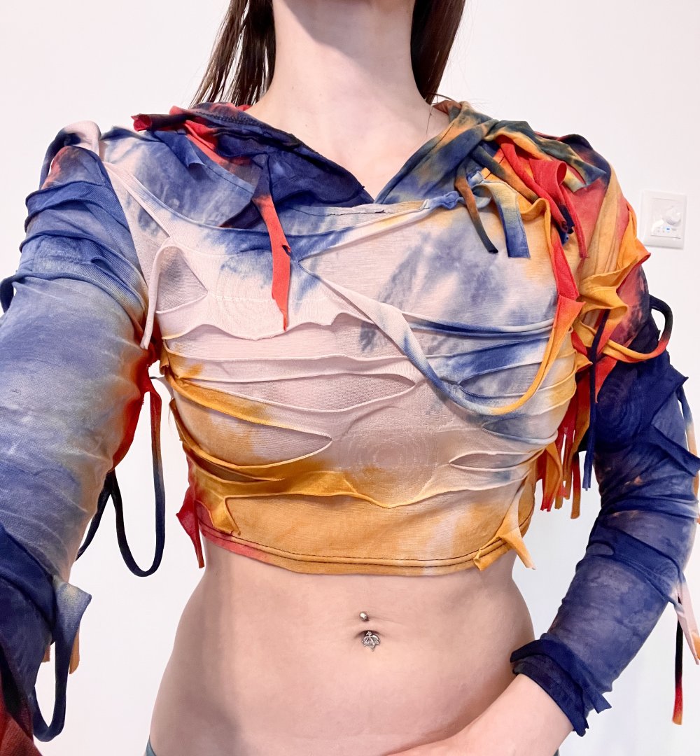 Damen Vintage Distressed Fransen Farbverlauf Crop Top Rave XS
